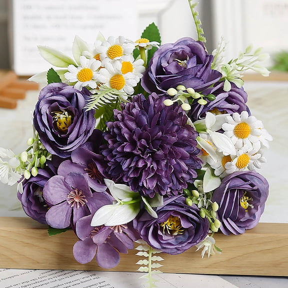 hulanddfd Artificial Flowers, Fake Silk Hydrangea Bouquet with Daisy and Roses Flowers Flower Arrangements Wedding Decoration Table Centerpieces(Dark purple)