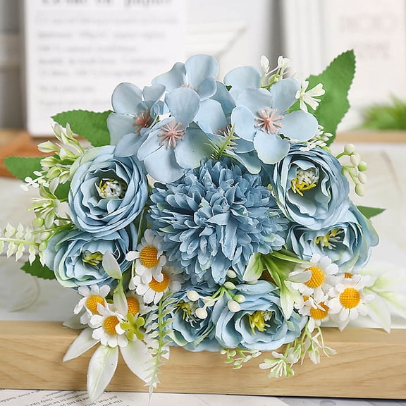 hulanddfd Artificial Flowers, Fake Silk Hydrangea Bouquet with Daisy and Roses Flowers Flower Arrangements Wedding Decoration Table Centerpieces(Light blue)