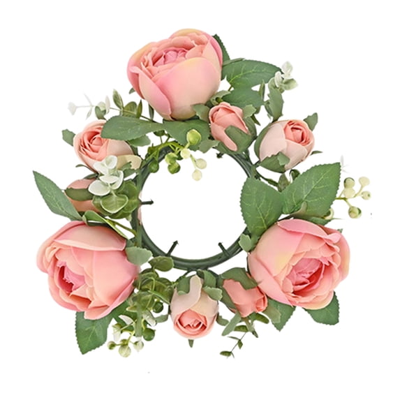 hulanddfd Artificial Rose Candle Rings, 7.8" Realistic Fake Rose Flower Wreaths Floral Candlestick Centerpiece for Dining Table and Pillar Candle Lanterns Wedding Party Home Decor (Pink)