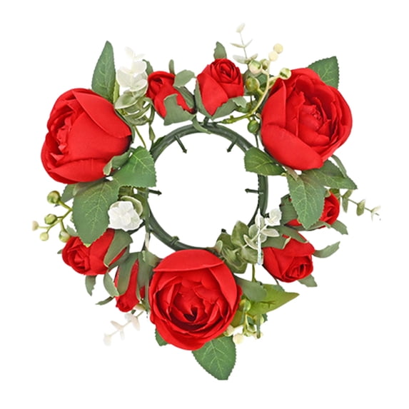 hulanddfd Artificial Rose Candle Rings, 7.8" Realistic Fake Rose Flower Wreaths Floral Candlestick Centerpiece for Dining Table and Pillar Candle Lanterns Wedding Party Home Decor (Red)