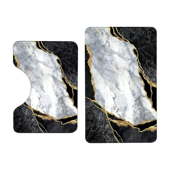 hulanddfd Bath Mats Rug Set - 2 Pcs Marble Designs Kitchen Mats Waterproof Non Slip Modern Bathroom Sets with Shower Curtain and Rugs Gold Fabric Shower Curtains for Bathroom Decor Accessories