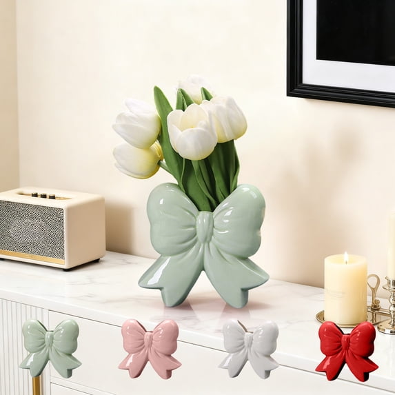 hulanddfd Bow Vase Green Ceramic Vase, Ceramic Vase Makeup Brush Holder Farmhouses Modern Flower Arrangement Vase for Home Table Room Decor