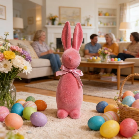 hulanddfd Ceramic Bunny Rabbits Figurine Decor, Flocked Standing Bunny Figurine with Bow Pink Porcelain Modern Tabletop Art Home Statues Decoration for Easter Decoration