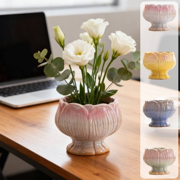 hulanddfd Ceramic Succulents Pots Lotus Planter, Gradient Petals Patterns Flower Pots Bonsai Pots with Drainage Hole for Home Balcony Desk Decoration(Green)