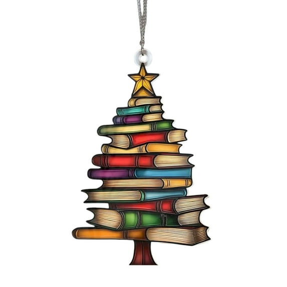 hulanddfd Christmas Book Tree Sun Catchers 2024, Tree Ornament Bookish Gifts Stacking books Shaped Christmas Acrylic Hainging Pendants for Xmas Indoor Decor