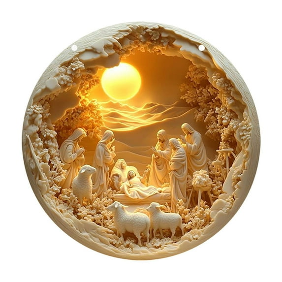 hulanddfd Christmas Nativity Scene Ornament, 7.87 Inch Round Wooden Nativity Resurrection Decorative Wall Hanging Decortion for Tree Front Door Xmas Decor