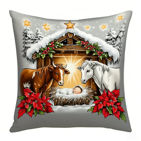 hulanddfd Christmas Pillow Cover, Soft Pillowcase with Nativity Scene Patterns Xmas Square Cushion Cover for Couch Sofa Bedroom Living Room Home