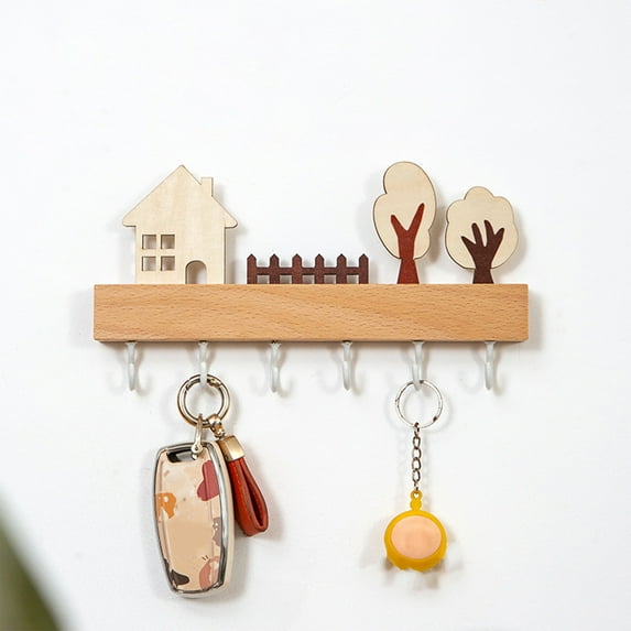 hulanddfd Cute Key Holders with Shelf for Wall, Key Organizer Wall Mount with 6 Hooks Solid Wood Hanger Adhesive Wall Hanging Hooks for Entryway Living Room Bedroom