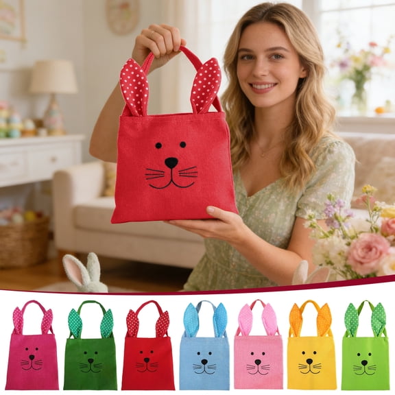 hulanddfd Easter Baskets Bunny Bags Reusable Burlap Rabbits Bag Embroidered Holiday Bag for Easter Party