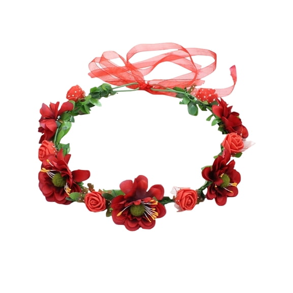 hulanddfd Easter Flower Crowns for Women, Red 8.66" Artificial Flower Green Leaves Wreath Floral Headbands with Soft Adjustable Ribbon Hair Accessory for Easter Valentine Wedding Party Birthday