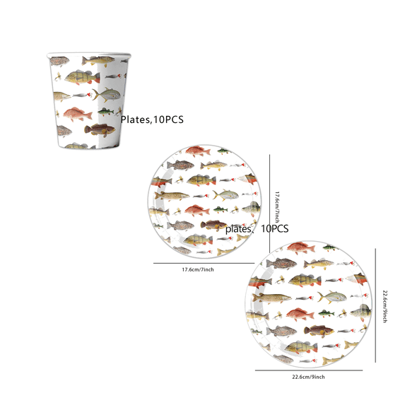 hulanddfd Fishing-Themed Party Supplies Set - 10 Small Plates 10 Large Plates and 10 Cups, Disposable Paper Tableware Set for Dining Table Birthday Party Decor