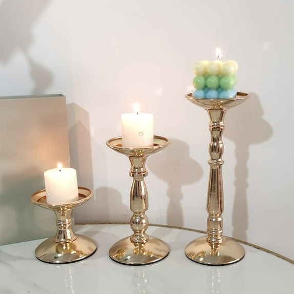 hulanddfd Gold Pillar Candle Holders Set of 3, Vintage Iron Candlestick Decorative Candle Stands for Livingroom Bedroom and Christmas Valentine’s Day Wedding Party