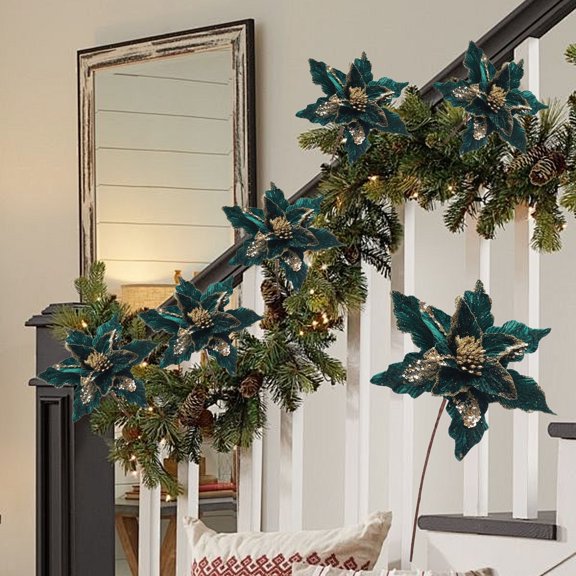 hulanddfd Large Christmas Flowers - Green Artificial Velvet Flowers, Simulated Christmas Flower Ornaments for Xmas Tree Table Decor