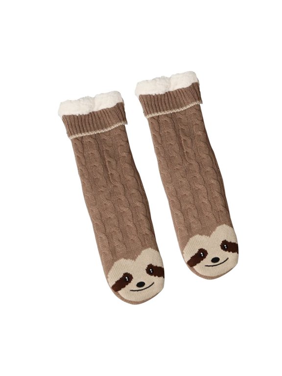 Plushes Slipper Socks, 16" Brown Soft Warm Socks with Sloth Patterns Non-Slip Indoor House Stocking for Women Home Indoor Cold Weather