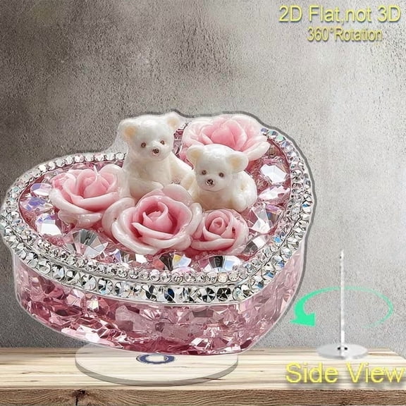 hulanddfd Preserved Rose Flowers Gifts, Heart-Shaped Rose Teddy Bear Acrylic Flat Ornament with Rotating Base Tabletop Centerpiece Valentines Day Keepsake Signboard for Anniversaries Wedding Party