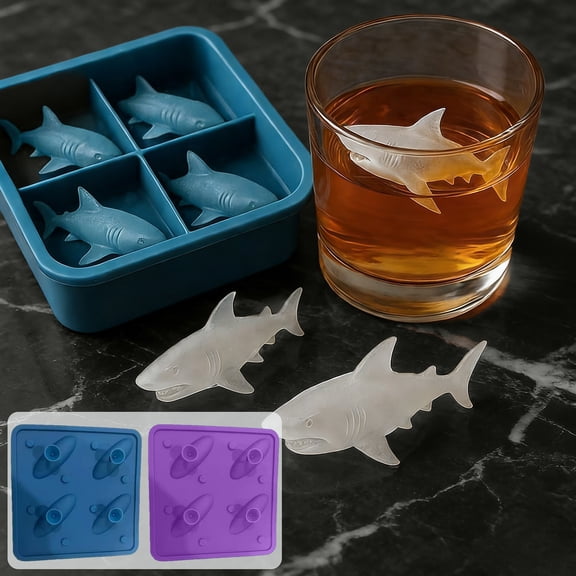 hulanddfd Sharks Silicone Ice Molds, 4 Cavity Sharks Ice Tray Reusable Animals Shape Ice Cubes Molds for Kitchen Decoration(Blue)