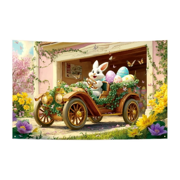 hulanddfd Spring Easter Garden Photography Backdrop, Rabbits Eggs Background 70.9"x45.3" Vinyl Outdoor Hanging Banner Party Photo Prop for Easter Party Family Gathering Photography Studios