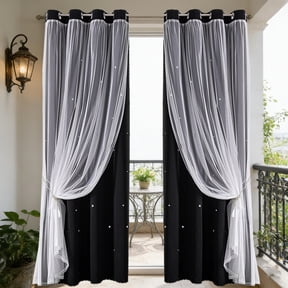 hulanddfd Star Blackout Curtains, Thermal Insulated Curtains Double Layer Star Cut Out Wall Home Decor Gradient Grommet Window Curtains(Black)