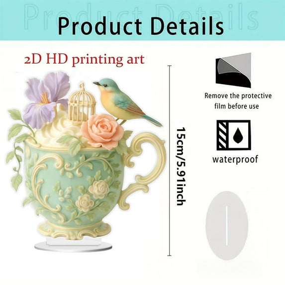 hulanddfd Tea Party Decorations Romantic Tea Cup Acrylic Flat Ornament Floral Teapot Centerpiece Display Stand for Floral Tea Themed Birthday Wedding Supplies Gift for Valentine's Day