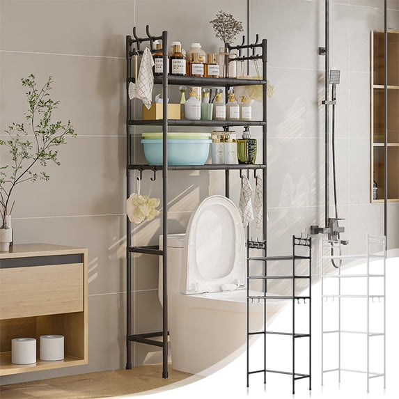 hulanddfd Over The Toilet Storage Cabinet, Bathroom Organizer Freestanding Above Over Toilet Storage Shelf with Hooks Metal Storage Rack for Bathroom Restroom Laundry(Black)