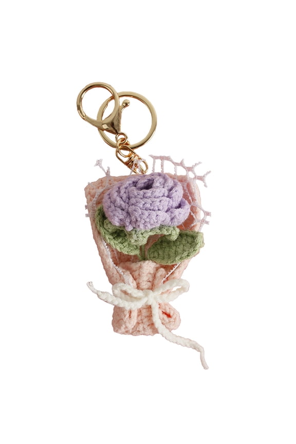 Valentine's Day Crochet Flower Keychain, 2.36"x1.97" Knitted Floral Pendant Purple Crochet Flower Bundle Ornament for Handbag Purse Backpack Gift for Valentine's Day