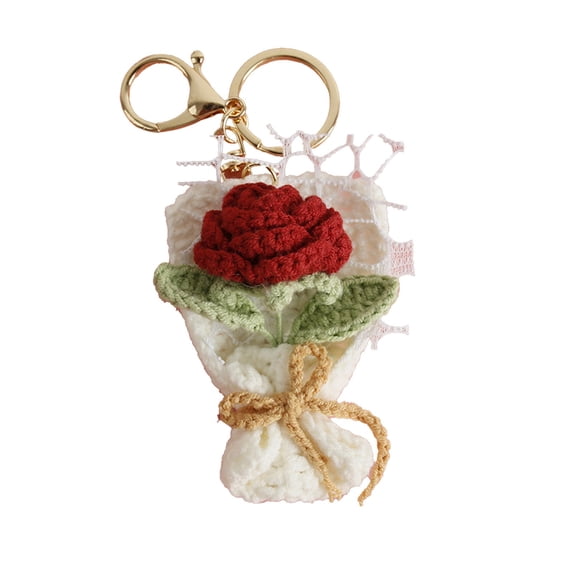 hulanddfd Valentine's Day Crochet Flower Keychain, 2.36"x1.97" Knitted Floral Pendant Red Crochet Flower Bundle Ornament for Handbag Purse Backpack Gift for Valentine's Day