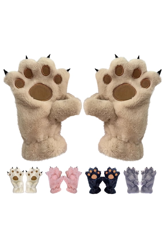 Winter Gloves - Cute Animals Paw Gloves Bear Palm shaped Gloves Warm Soft Winter Plushs Gloves for Men and Women Gift for Family Khaki