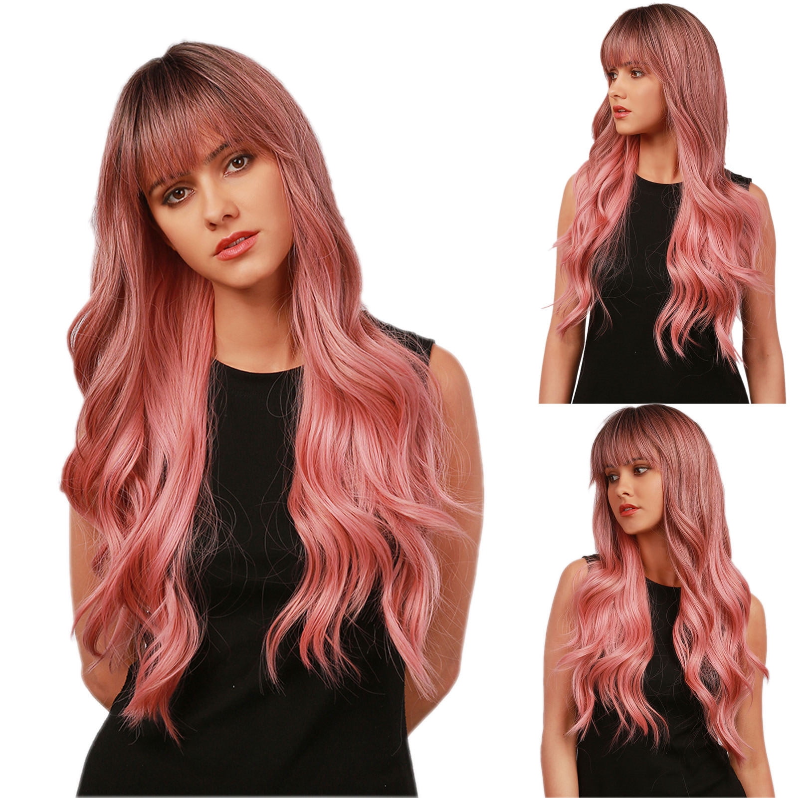 human hair wigs for women Pink Wig Dyed Head Fashion Long Wig - Main Image