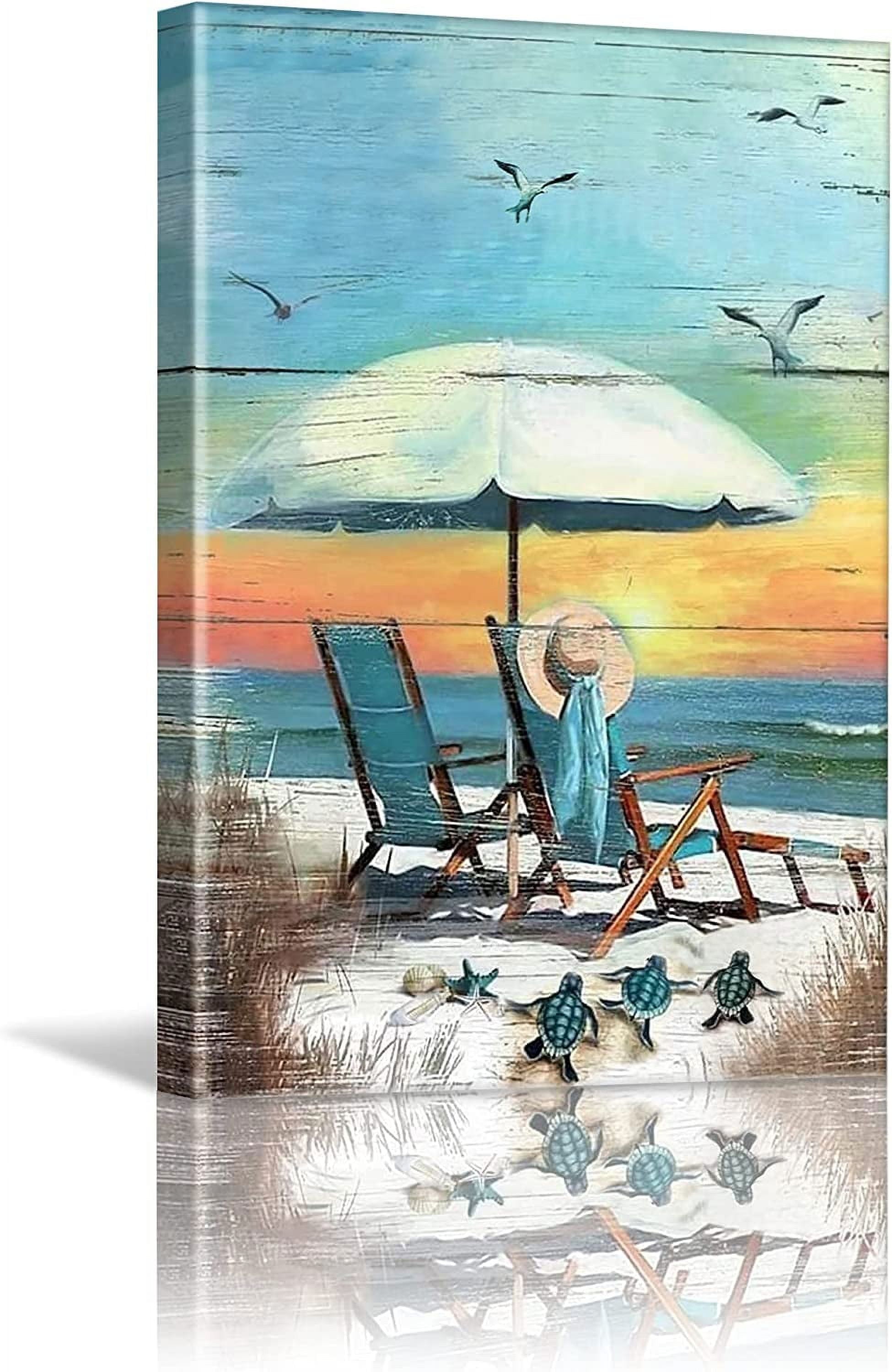 Beach Canvas Wall Art for Bathroom Wall Decor Seaside Turtle Seagull Ocean Picture Print Sunset Painting Framed Artwork for Modern Home Bedroom Decor 12x16 inch