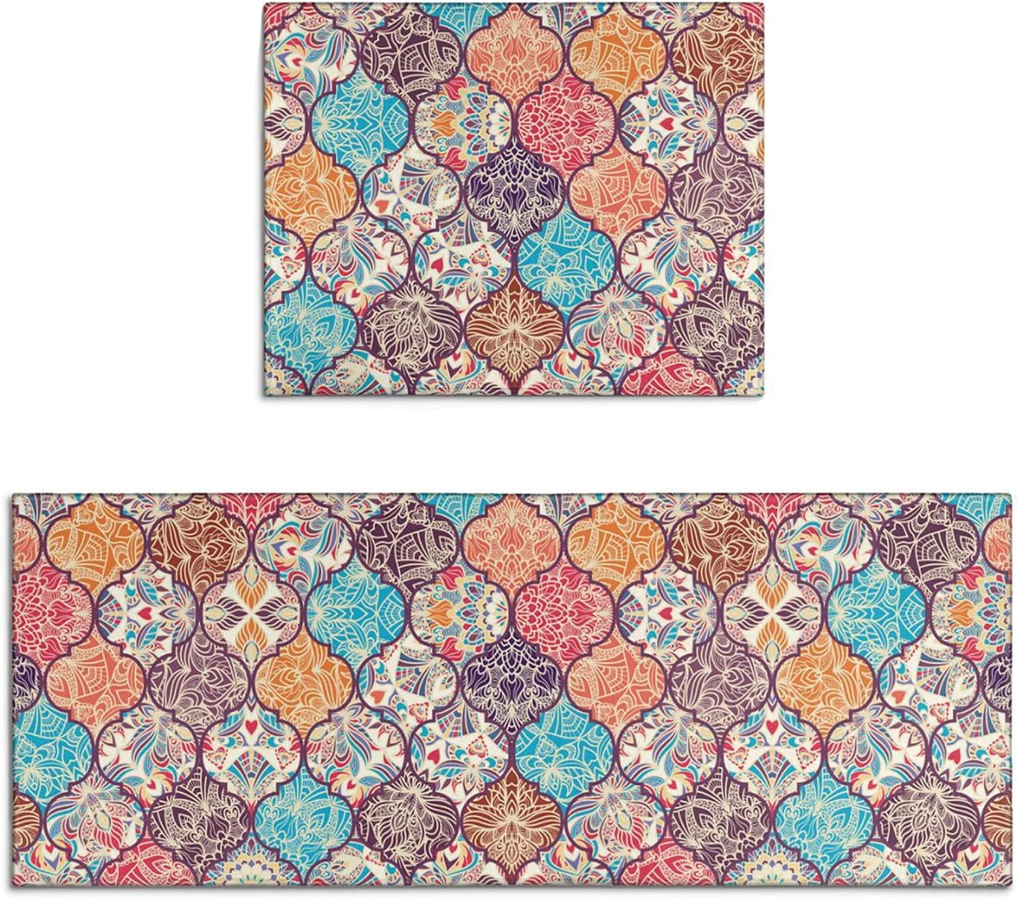 humcustom Boho Floral Kitchen Rugs Mat Set of 2 Non-Slip Washable