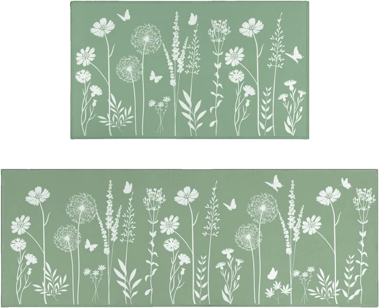 Sage Green Floral Synthetic Non-slip Kitchen Runner Rug Set