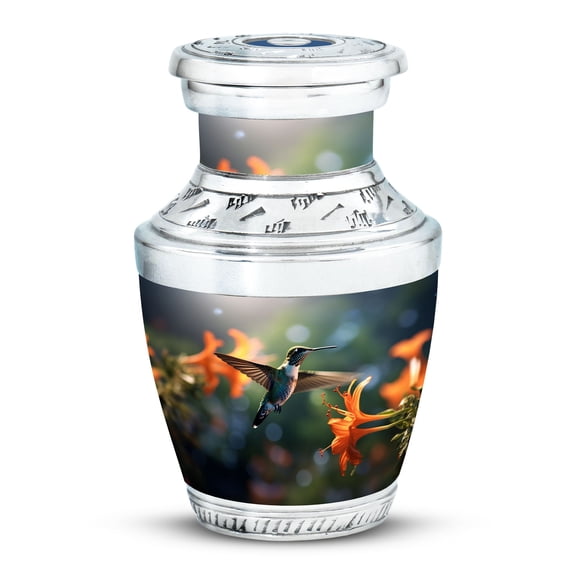 humming bird flying near lilly flower Miniature Decorative Urn for Ashes - Elegant Small Memorial for Loved Ones Funeral Urns For Human Ashes - Memorial Urns 3 Inch, 1 Pc