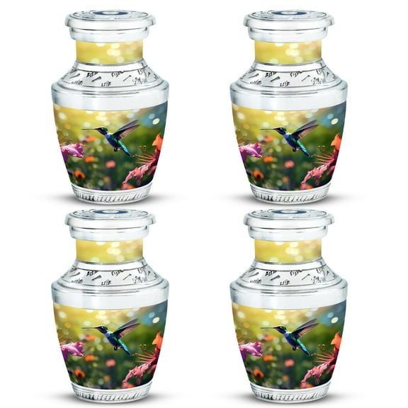 humming bird flying near lilly flower Petite Cremation Keepsake Urn - Timeless Mini Memorial for Adult Females Funeral Urns For Human Ashes - Memorial Urns 3 Inch, Set Of 4
