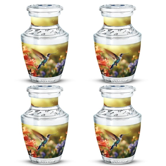 humming bird flying near lilly flower Sleek Tiny Urn for Human Ashes - Modern Mini Keepsake for Eternal Memories Funeral Urns For Human Ashes - Memorial Urns 3 Inch, Set Of 4