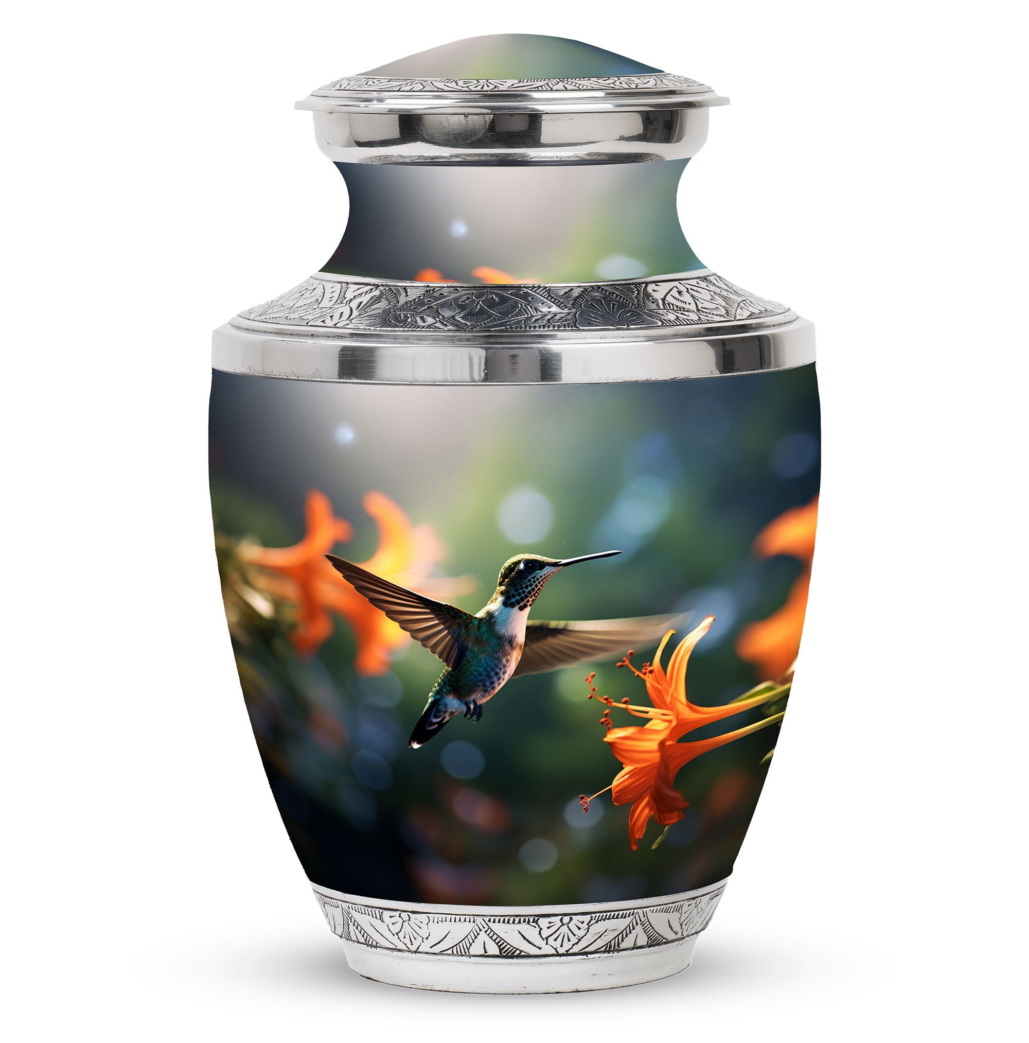 humming bird flying near lilly flower Verdant Embrace Large Urn for ...