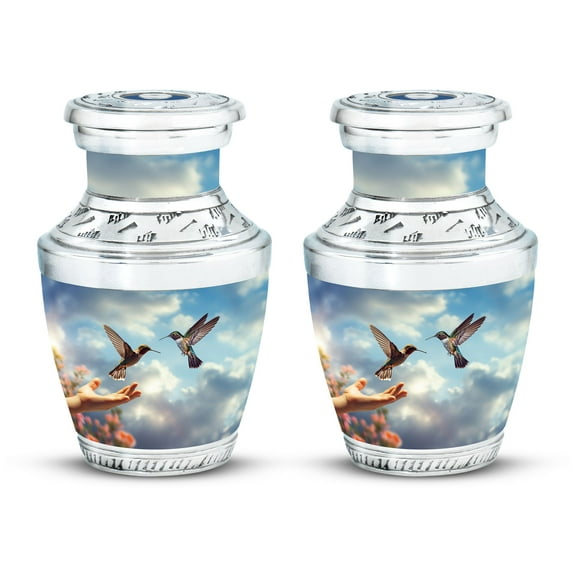 humming birds flying from hand Precious Moments Petite Keepsake - Treasured Mini Urn for Cherished Memories Funeral Urns For Human Ashes - Memorial Urns 3 Inch, Set Of 2