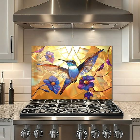 hummingbird Glass Backsplash For Kitchen Behind Stove,Stove Back Top Cover,Easy to Clean Glass Splashback, Sink Cover Splash Guard,Home Kitchen Wall Decor