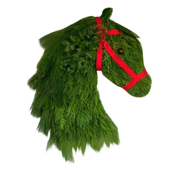huntermoon Horse Head Wreath-Winter Farm Houses Horse Head Christmas Wreath, Simulation Green Plant Front Door Hanging Wreath Decoration for Room, Office, Wall Windows, Party Supplies Xmas Decoration