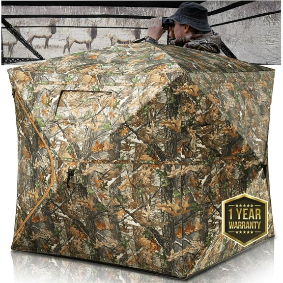 Hunting Blind 270 Degree See Through Ground Blind - 3-4 Person Pop Up Deer Blind with Carrying Bag - 300D Reinforced Turkey Blind