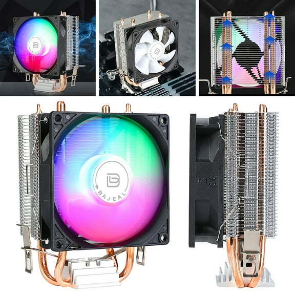 husxh 90mm CPU Cooler with 2 Heat Pipes Quiet Rainbow RGB Cooling Fan 3PIN CPU Cooling Fan for Intel LGA775 1150/1151/1155/1156/1200 AMD AM2