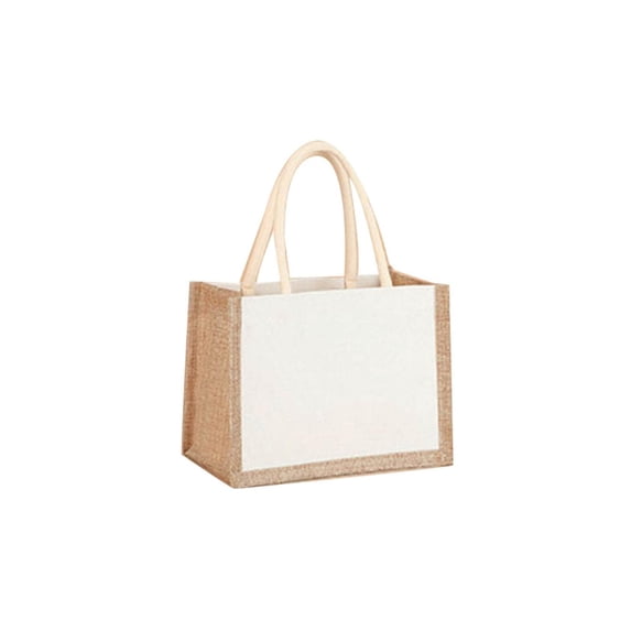 husxh Women Burlap Jute Tote Bag Large Capacity Canvas Grocery Tote Handbag Contrast Color Ladies Outdoor Handbag