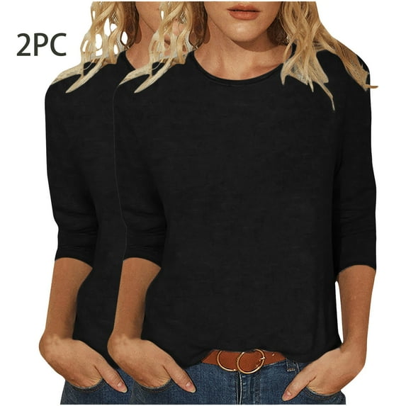 hxobax 2 PCS 3/4 Sleeve Tops for Womens Summer Basic Tee Solid Color Crewneck T Shirts Tunic Blouses