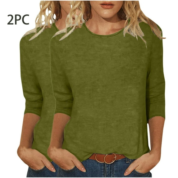 hxobax 2 PCS 3/4 Sleeve Tops for Womens Summer Basic Tee Solid Color Crewneck T Shirts Tunic Blouses