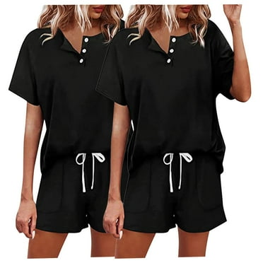 hxobax 2 Pack Womens Button Down Pajama Sets 4 Piece Lounge Sets Sleepwear Short Sleeve V Neck Tops and Elastic Waist Drawstring Shorts Matching Set with Pocket Nightwear Loungewear,Black,Small