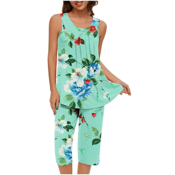 hxobax 2 Piece Women Lounge Sets - Sleeveless Tank Tops and Capri Pants Pajamas Set Matching Sets Summer Soft Loungewear Floral Sleepwear Pjs Sets Nightwear Cropped Trousers Set,#02_Mint Green,Small