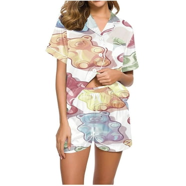 hxobax 2 Piece Womens Pajama Sets Soft Comfy Loungewear Bear Printed Sleepwear Elegant Notch Collared Short Sleeve Button Shirts Tops and Elastic Shorts Pjs Lounge Set Nightwear,#01_Beige,Small