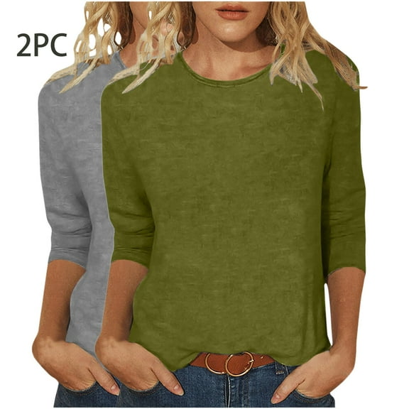 hxobax 3/4 Length Sleeve Womens Tops Plain Casual Crew Neck T Shirts Summer Basic Tees Tunic 2 Piece