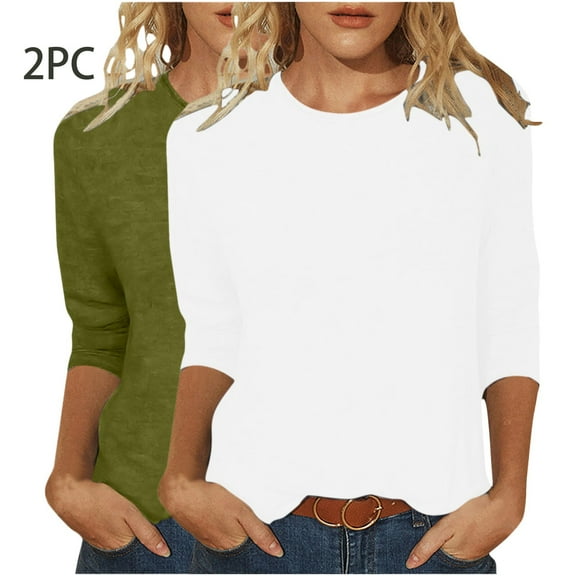 hxobax 3/4 Length Sleeve Womens Tops Plain Casual Crew Neck T Shirts Summer Basic Tees Tunic 2 Piece
