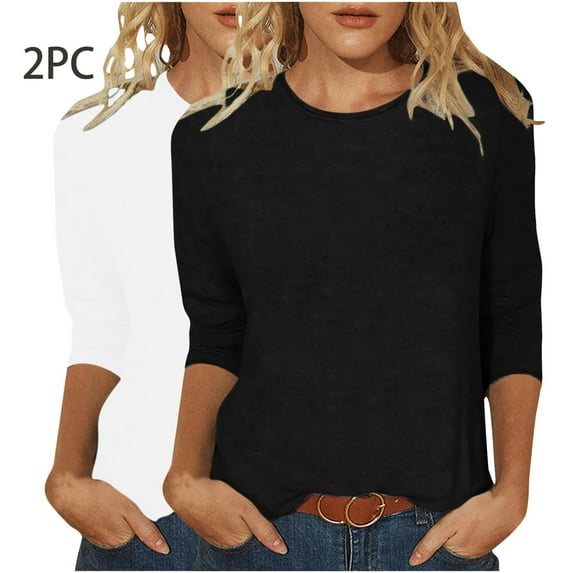 hxobax 3/4 Length Sleeve Womens Tops Plain Casual Crew Neck T Shirts Summer Basic Tees Tunic 2 Piece