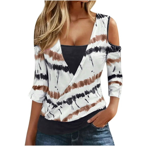 hxobax 3/4 Sleeve Shirts Womens Cold Shoulder Tunic Tops Tie-Dye Striped Tshirts Cross Wrop Blouses
